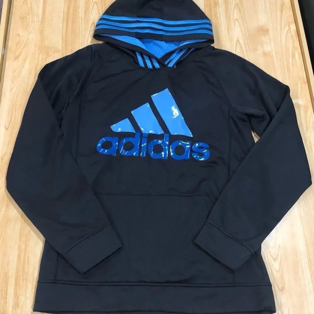 Boys Adidas Hoodie Size 14-16 Black Hoodie with Blue Accents